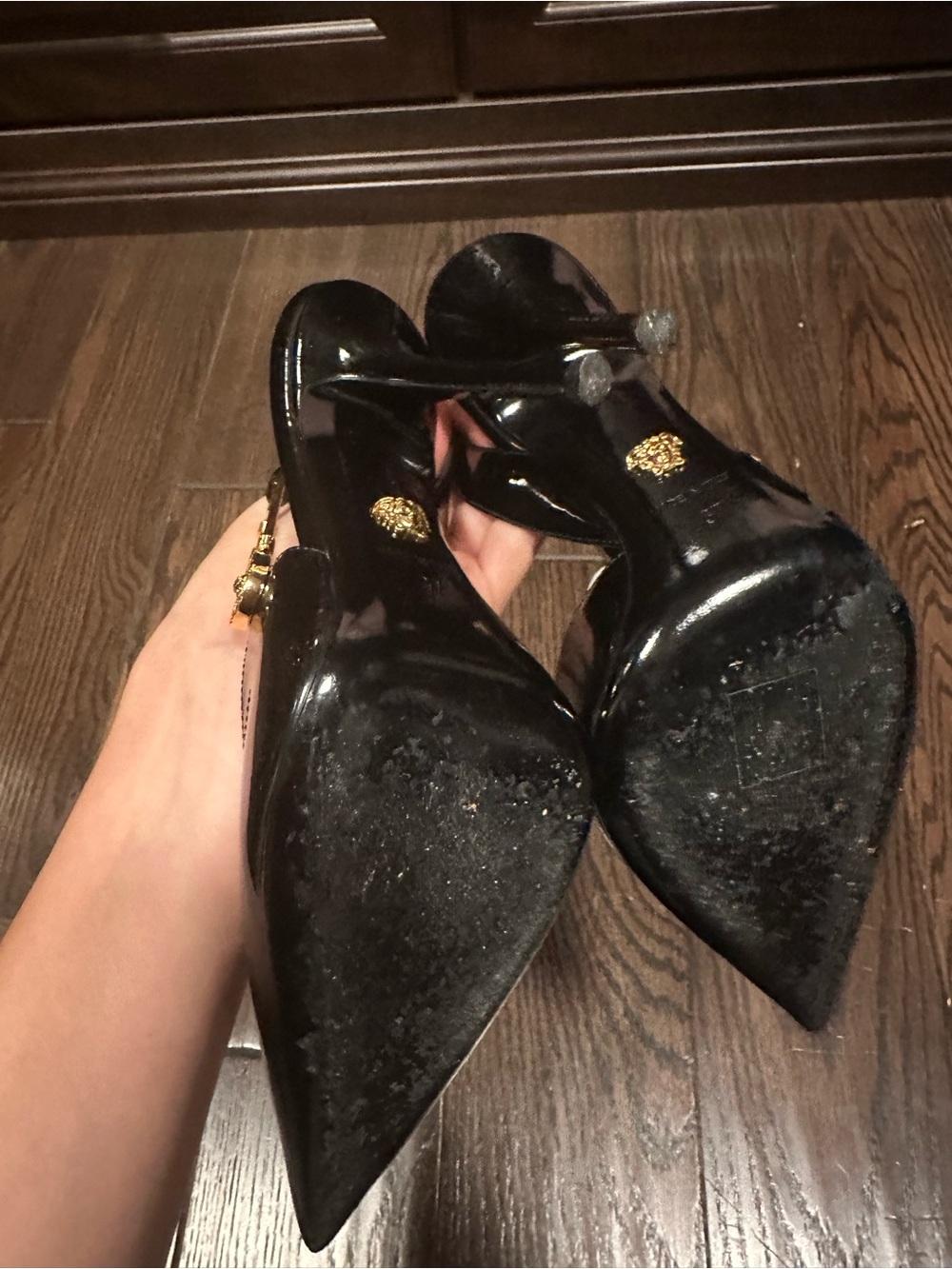 Black Patent Leather Pointed-Toe Slingback Pumps with Gold Accent include box - Picture 7 of 9